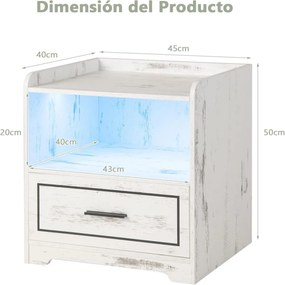 Mesa de cabeceira LED com Estante, Gaveta, Porta USB, 3 cores de luz e iluminação ajustável para o quarto 45 x 40 x 50 cm Branco