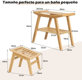 Conjunto de banco de duche e apoio para os pés em bambu Banco de casa de banho com prateleira inferior Assento de duche sólido 52 x 29 x 44 cm Natural