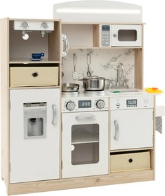 Cozinha infantil brincar em madeira 90 x 29 x 90 cm com luzes LED ajustáveis Bandejas e prateleiras de tecido removíveis Branca + Natural