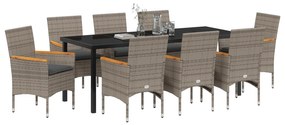 Conjunto de Jantar vidaXL de 9 Peças com Almofadas em Rattan Cinza