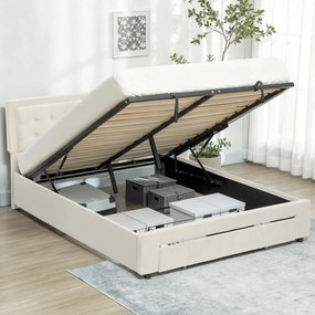 Cama de Casal com Estrado-Baú, 203,5 x 145 x 104 cm (COLCHÃO NÃO INCLUIDO), Arrumação sob a Cama, Creme