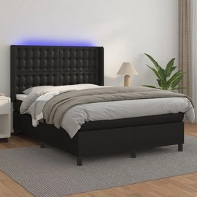 vidaXL Cama box spring c/ colchão/LED 140x200cm couro artificial preto