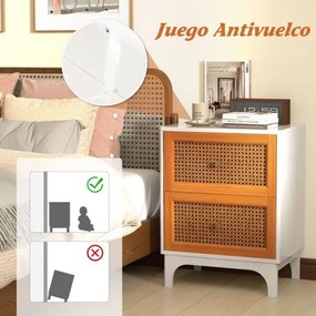 Mesa de cabeceira de vime com 2 gavetas decorada com rattan tecido à mão e pernas de madeira maciça para o quarto Branco + castanho