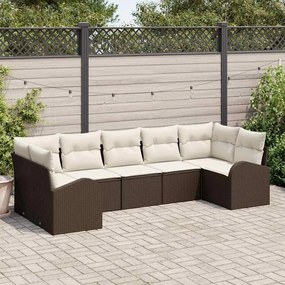 Conjunto de Sofá de Jardim de 7 Peças com Almofadas Castanho Poliratan