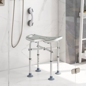 Banco de duche com assento, altura ajustável de 39 a 51,5 cm, barra de apoio com ventosas e patins com ventosas, cinzento