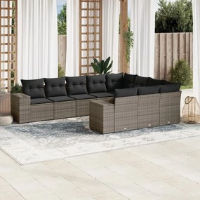 10 pcs conjunto sofás de jardim c/ almofadões vime PE cinzento