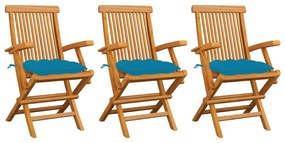 Cadeiras de jardim c/ almofadões azul-claro 3 pcs teca maciça