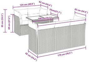 6 pcs conj. sofás jardim com almofadões vime PE cinzento-claro