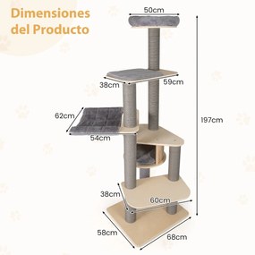 Arranhador para gatos de 197 cm acolchoado, casa postes para arranhar, tapetes e rede para interior cinza