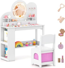 Toucador infantil com luzes e cadeira de princesa com 2 gavetas e Estante de 2 níveis, 3 ganchos e 2 prateleiras abertas Branco