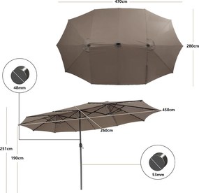 Conjunto de guarda-sol dupla face de 470 cm com 48 luzes LED solares e base recheável de 80 kg, com sistema de manivela, para jardim e piscina Café