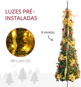 Árvore de Natal Dobrável 180 cm Árvore de Natal Artificial com Luzes LED e Decorações Pré-Instaladas  Ø60x180 cm Verde