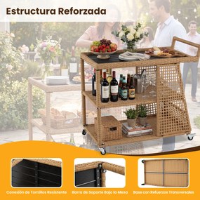 Carrinho cozinha de 3 níveis em rattan PE com rodas bloqueáveis, prateleiras abertas, pega lateral e mesa auxiliar móvel para jardim, pátio ou terraço