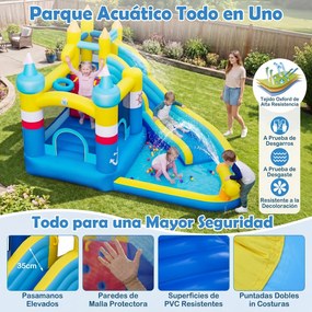 Castelo Insuflavel Escorrega aquático insuflável para crianças com piscina (SEM SOPRADOR), cascata, parede de escalada e basquetebol, Multicolorido
