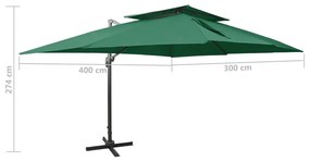 Guarda-sol cantilever com toldo duplo 400x300 cm verde