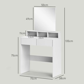 Toucador com espelho, mesa de maquilhagem com 2 gavetas e 3 compartimentos, estilo moderno, 75 x 38 x 135 cm, branco