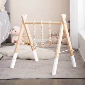 Ginásio para bebés com brinquedos para dentição Desenvolvimento cerebral dobrável em madeira para crianças +3 meses 62 x 45 x 60 cm Branco