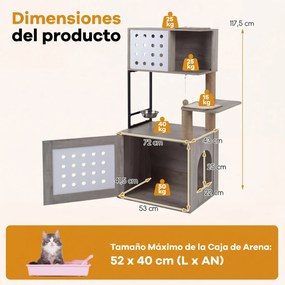 Arranhador para gatos 3 em 1  com vários níveis 72 x 43 x 117,5 cm, postes de sisal, condomínio, zona de refeições, bola suspensa, recinto e caixa de