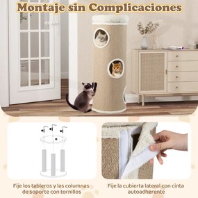 Casa para gatos de 4 níveis, caverna elevada com cama removível, painel para arranhar em sisal, 43 x 113 cm, cor cáqui