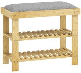 Banco Sapateira de Bambu Sapateira com Assento Almofadado 2 Prateleiras para 6 Pares de Sapatos 60x29x49 cm Madeira e Cinzento