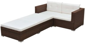 3 pcs conjunto lounge jardim c/ almofadões vime PE castanho