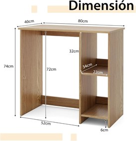 Secretária para computador 80 x 40 x 74 cm de escritório com 2 prateleiras para espaços reduzidos Natural