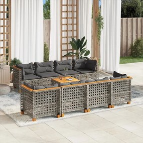 9 pcs conjunto sofás p/ jardim com almofadões vime PE cinzento