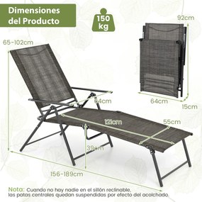 Conjunto de 2 espreguiçadeiras jardim dobráveis com encosto de 6 níveis Assento respirável Estrutura metálica em tecido 189 x 64 x 102 cm Castanho