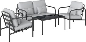 Outsunny Conjunto de Jardim 4 Peças em Aço com Sofá 2 Lugares, 2 Poltronas, Mesa, Almofadas, Cinza Claro | Aosom Portugal