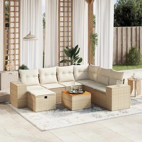 8 pcs conjunto de sofás p/ jardim com almofadões vime PE bege