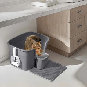 Caixa de areia Gatos grande com paredes laterais altas e pá em 64 x 76 x 33 cm cinza