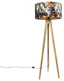Candeeiro de pé vintage com abajur em madeira e design floral 50 cm - Tripod Classic Clássico / Antigo