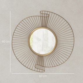 Espelho decorativo redondo de 60 cm com fixação de 360°, decoração de parede moderna em metal com detalhes plissados, dourado