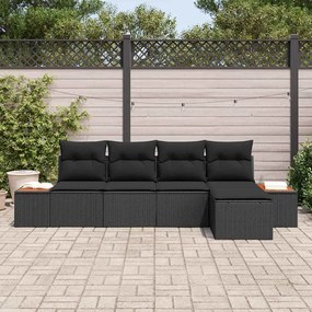 Conjunto de Sofá de Jardim de 5 Peças com Almofadas Pretas em Rattan d