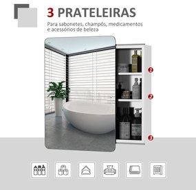 kleankin Armário de Casa de Banho com Espelho Móvel Auxiliar de Parede com Porta de Correr e 3 Prateleiras de Armazenamento para Sala de Estar Cozinha Dormitório 46x12x66cm Prata