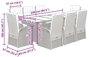 9 pcs conjunto de jantar p/ jardim c/ almofadões vime PE preto