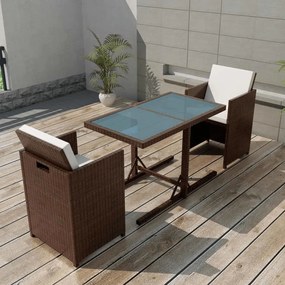 vidaXL 3 pcs conjunto bistrô com almofadões vime PE castanho