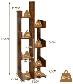 Estante em forma de árvore com 8 compartimentos, prateleira de pé, prateleira de armazenamento, 50 x 25 x 145 cm, branca