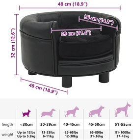 Sofá para cães 48x48x32 cm pelúcia e couro artificial preto