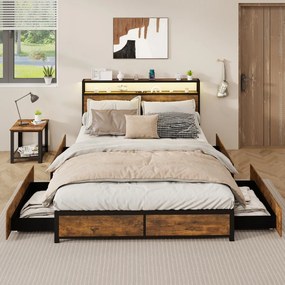 Estrutura de cama de casal 200 x 160 Cabeceira com luz LED RGB 4 gavetas de arrumação Ligação USB Castanho rústico + preto