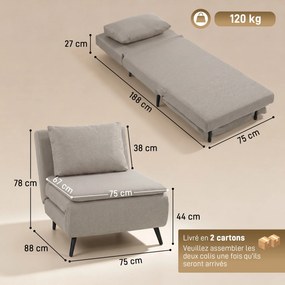 Poltrona-cama de 1 lugar, poltrona-cama 3 em 1 com encosto ajustável, almofada, assento largo, castanho claro