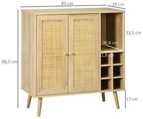 Aparador de Cozinha Móvel Buffet Auxiliar com 2 Portas de Vime Prateleira Aberta e Suporte para 6 Garrafas para Sala de Estar Sala de Jantar 83x39x88,
