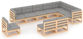 10 pcs conjunto lounge de jardim c/ almofadões pinho maciço