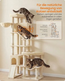 Grande arranhador para gatos 105 x 45 x 202 cm, com 6 áreas de descanso e troncos de sisal em bege