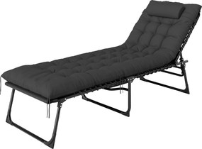 Espreguiçadeira dobrável com almofada para a cabeça, bolso lateral e encosto reclinável, 58 x 189 x 32,5 cm, preta