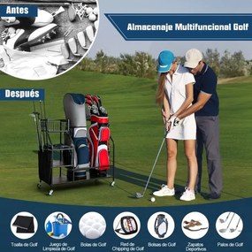 Estante para sacos de golfe Estante dupla para sacos de golfe com rodas universais bloqueáveis Suporte para tacos de golfe 95 x 40 x 94 cm