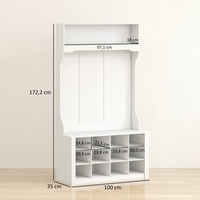 Móvel entrada, Hall 4 em 1 com banco 100 (C) x 35 (P) x 172,2 (A) cm, com 12 compartimentos para sapatos, 6 ganchos e prateleira aberta, branco