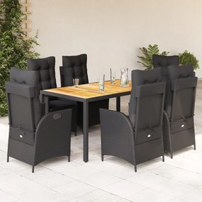 vidaXL 7 pcs conjunto de jantar p/ jardim c/ almofadões vime PE preto