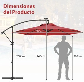 Guarda-sol exterior de 3 m com rotação de 360° e 32 com luzes LED Ajuste fácil da inclinação Manivela vermelha