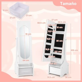 Armário espelho para joias para meninas 31,5 cm x 30 cm x 105 cm com arrumação e 2 ângulos de inclinação infantil com ganchos Prateleiras e gavetas Br